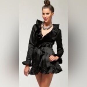 Black Satin Bebe Smart Frilly Mac Coat Size S